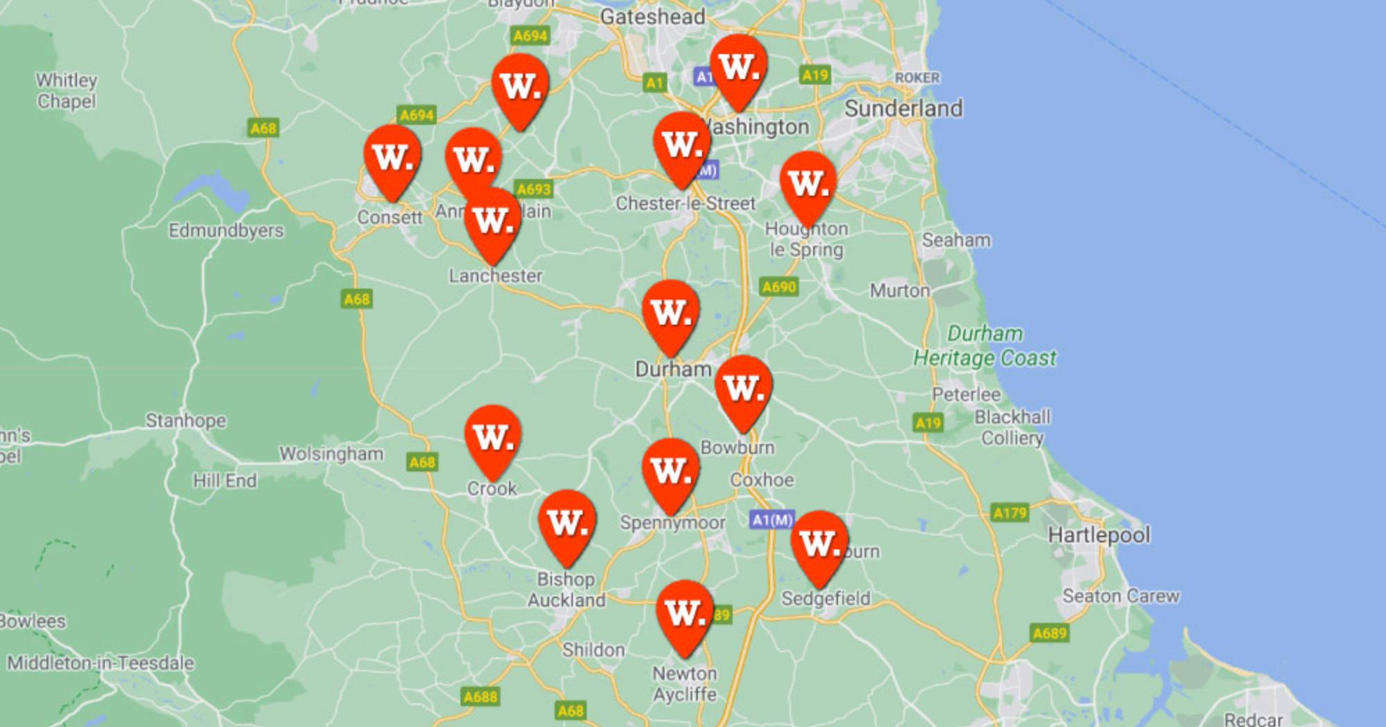 MAp of areas covered in durham for skip hire